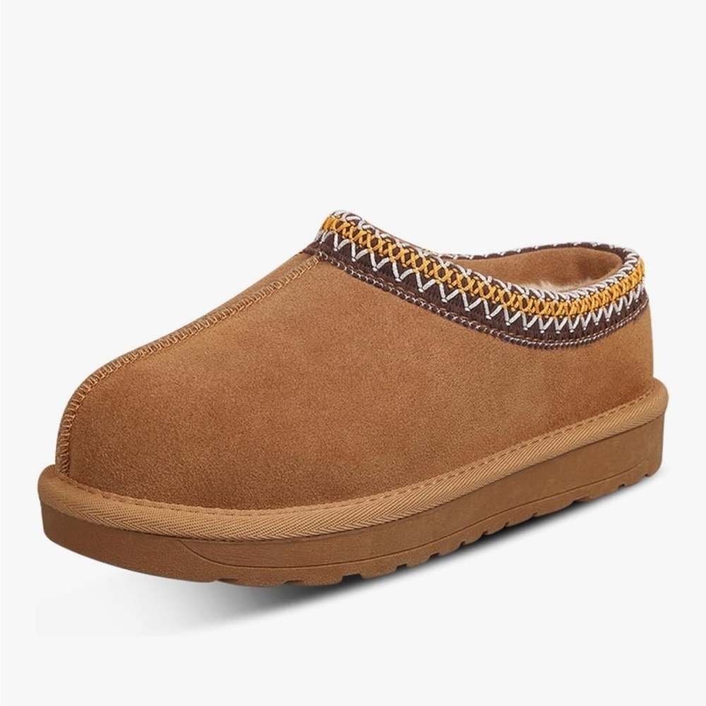 Brown Slip-On Clogs with Patterned Trim